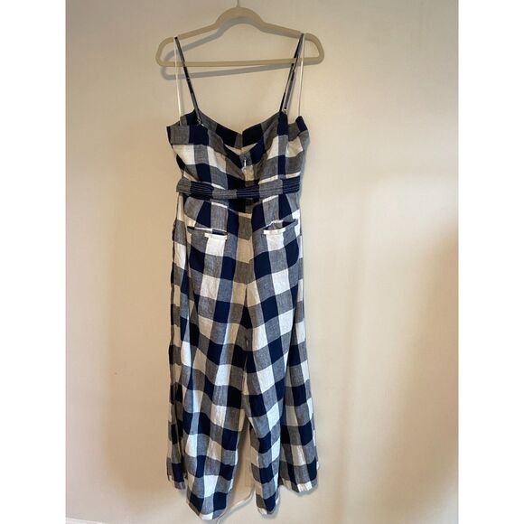 J.CREW Gingham Beauchamps Linen Spaghetti Strap Jumpsuit In Navy Ivory - Picture 2 of 8